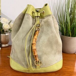 Vintage Gucci 90s Light Green/Yellow Suede Leather Bamboo Drawstring Backpack